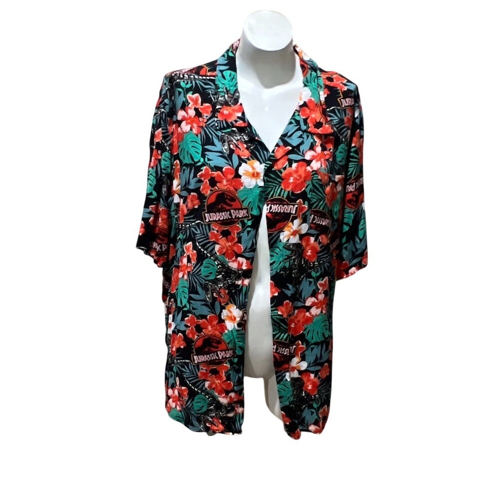 Jurassic Park Button-Up Shirt WoMens xxl Black Hawaiian Tropical Floral Dino
